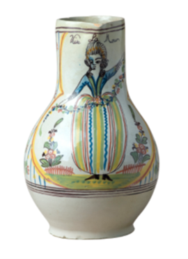 Pichet, décor au personnage féminin tenant une guirlande de fleurs, inscription « Vive La Mour » - Agrandir l